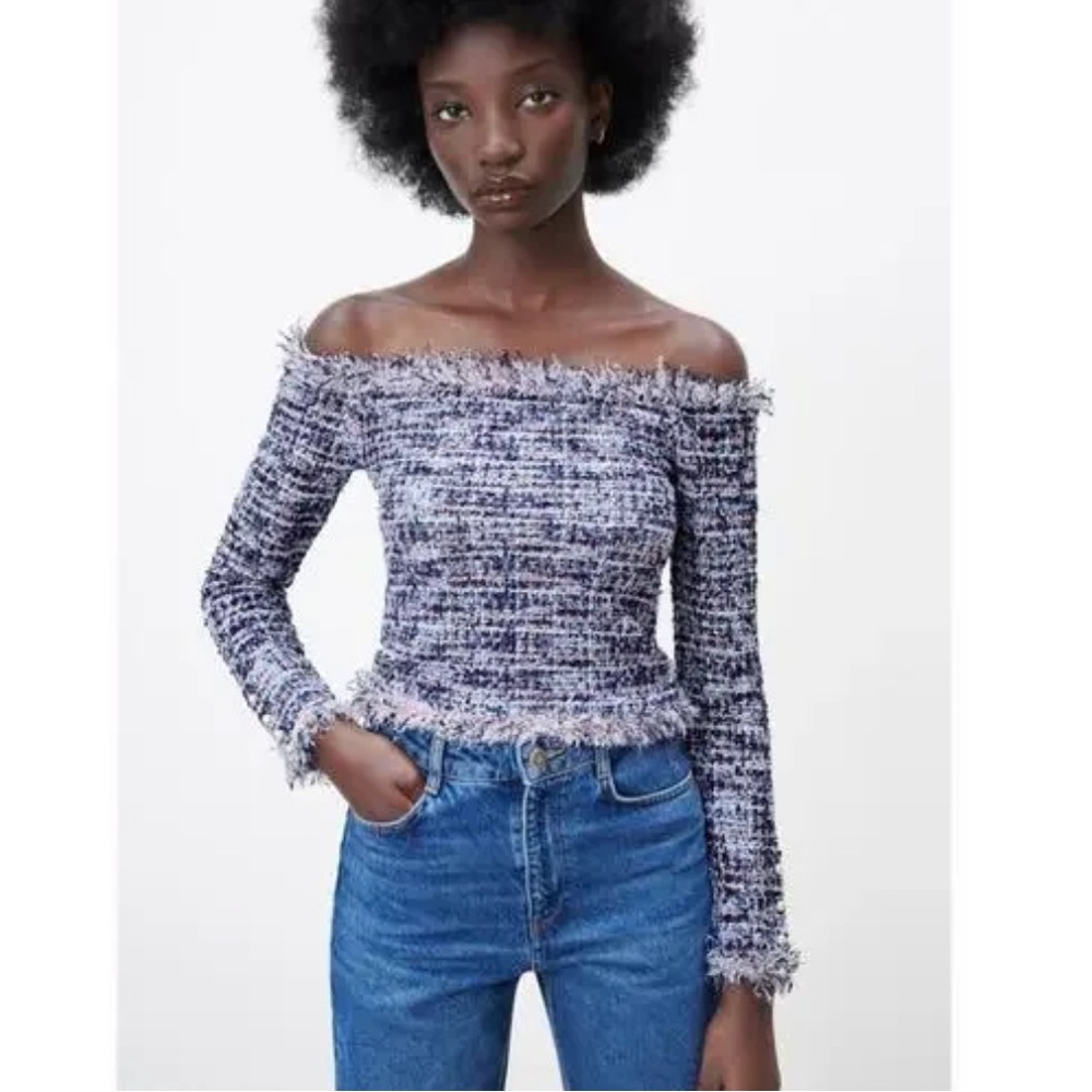 Zara Tweed Off the Shoulder Top